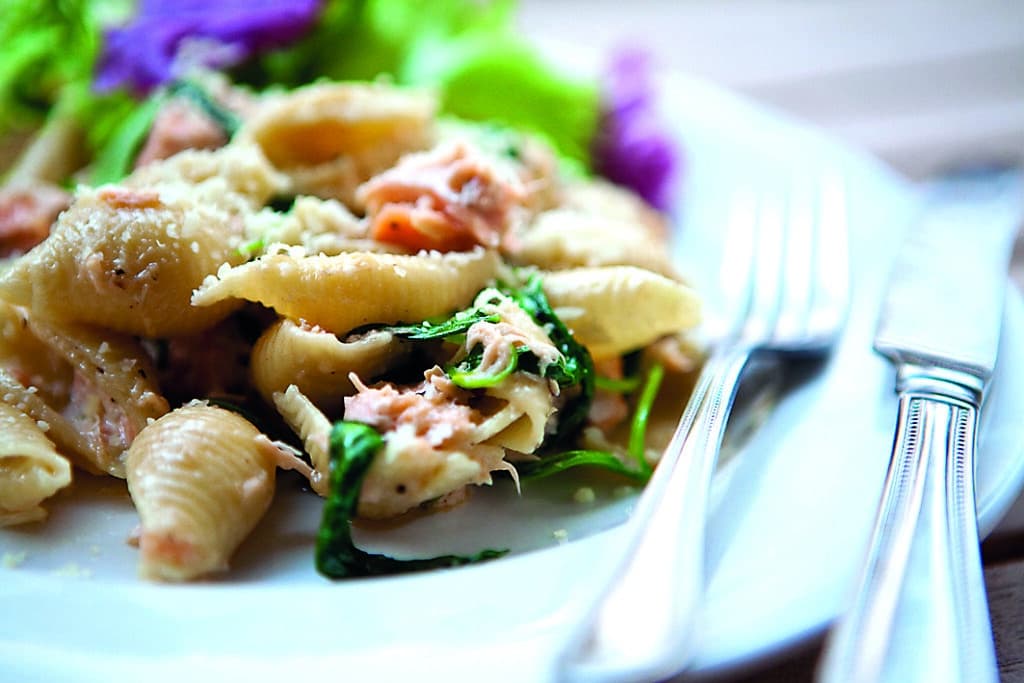 pasta with salmon, spinach and cream, with fresh salad on the side.