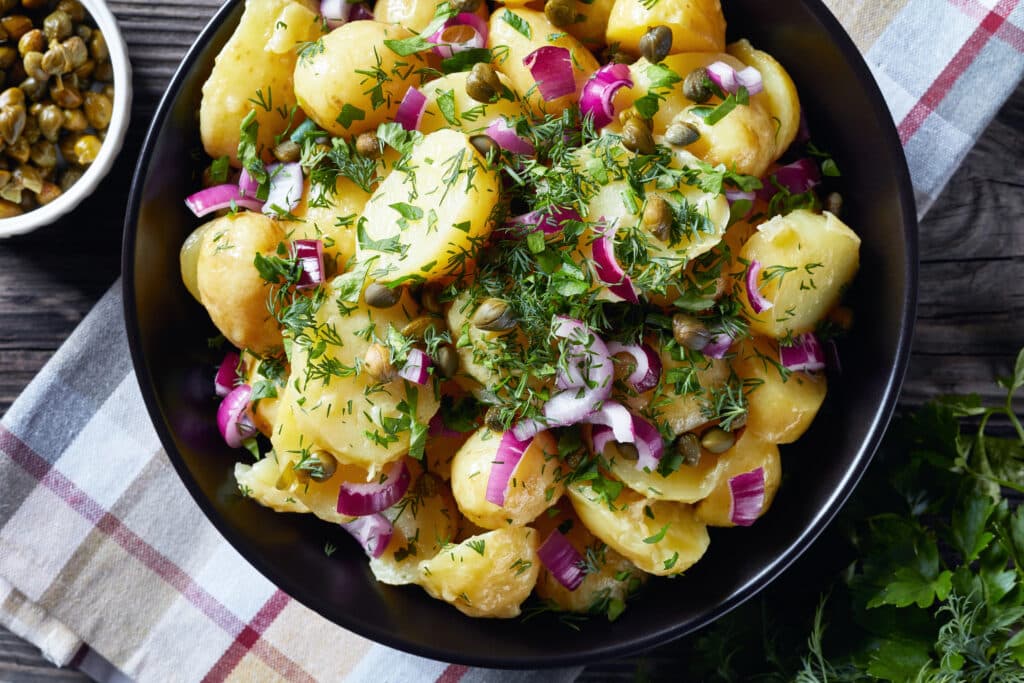 close up of savory german new potato salad